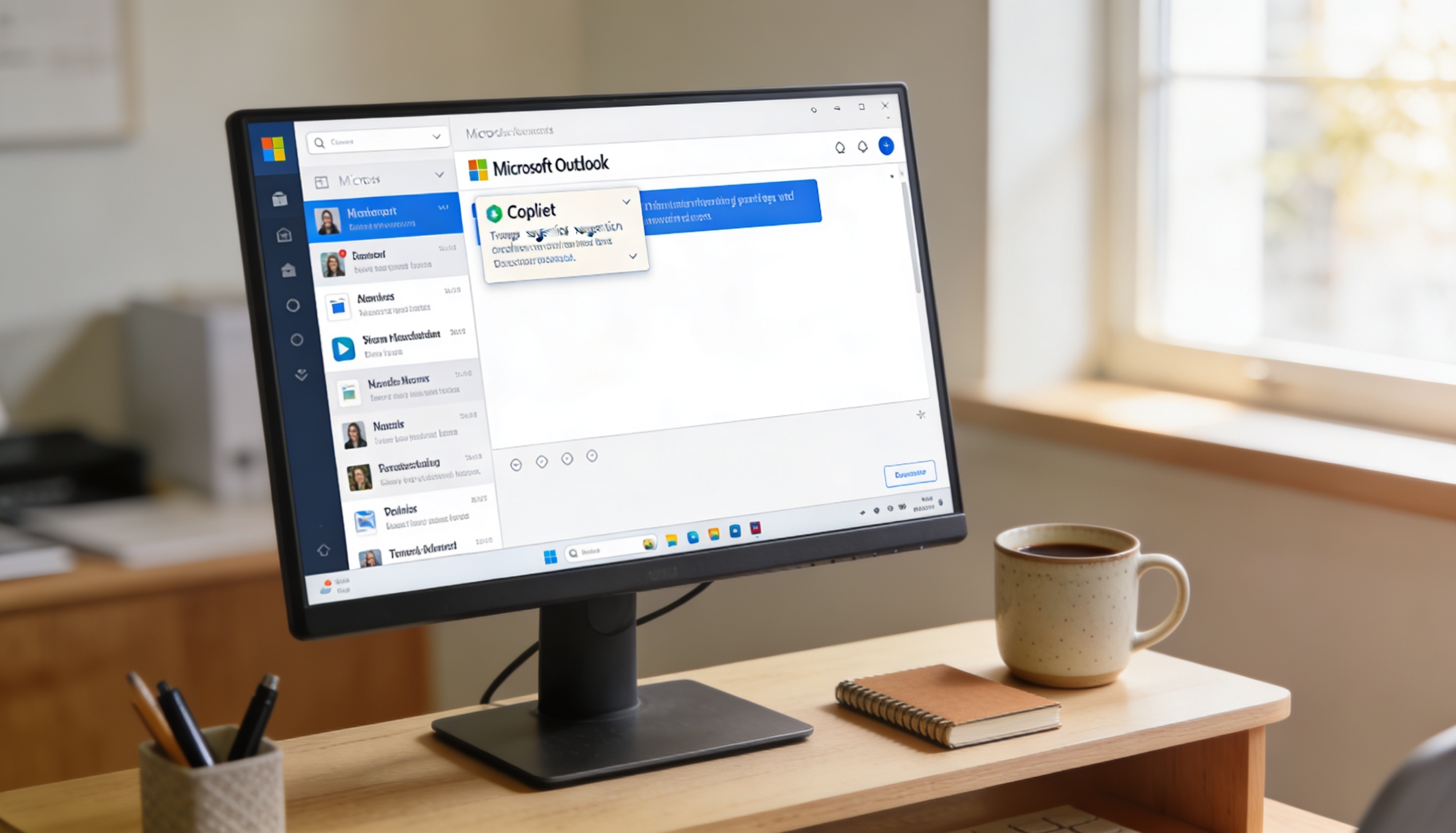 מסך מחשב מציג Microsoft Outlook עם פאנל Copilot על שולחן עץ במשרד קטן
