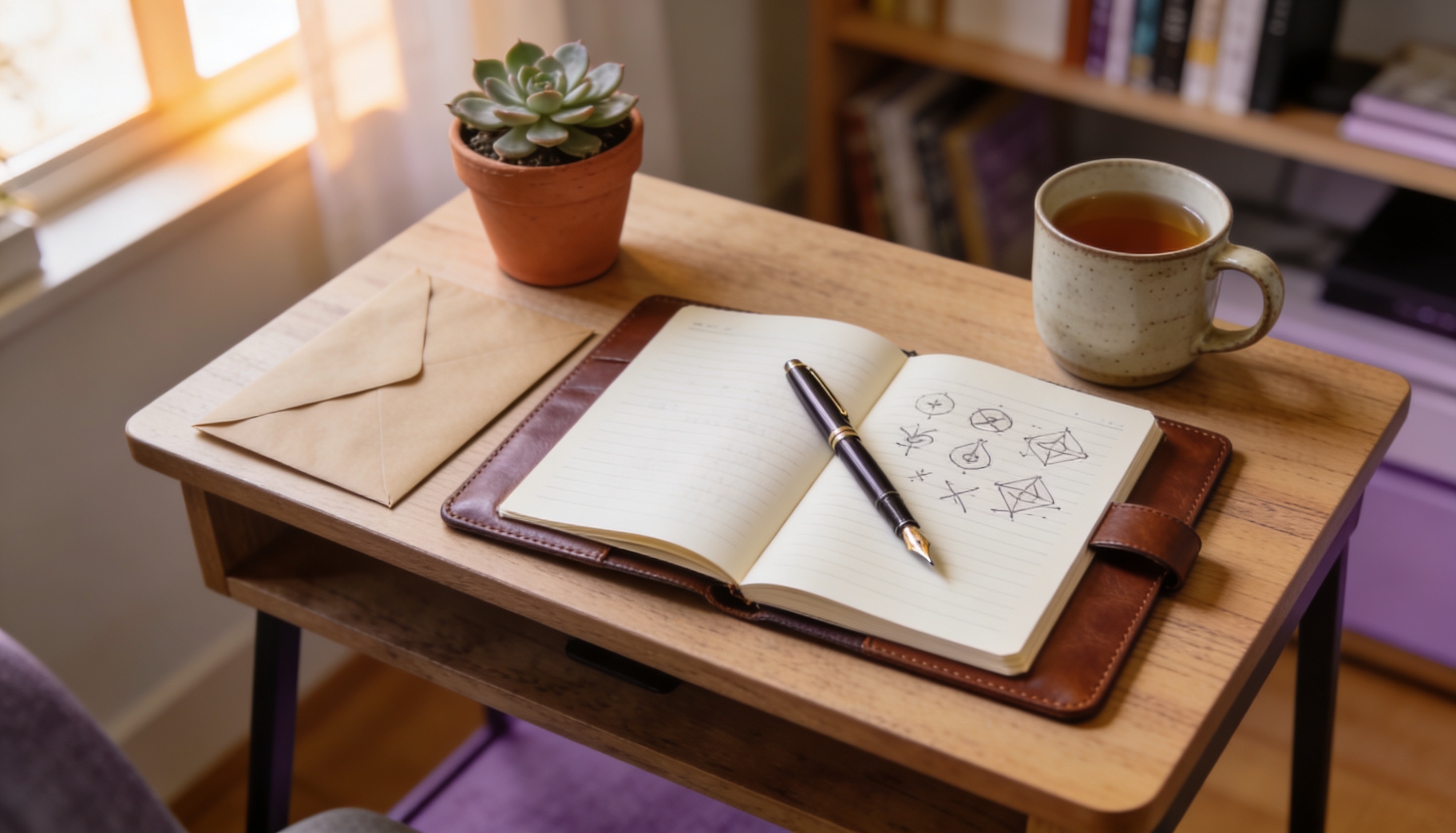 wooden desk with leather notebook fountain pen and tea mug in warm afternoon light