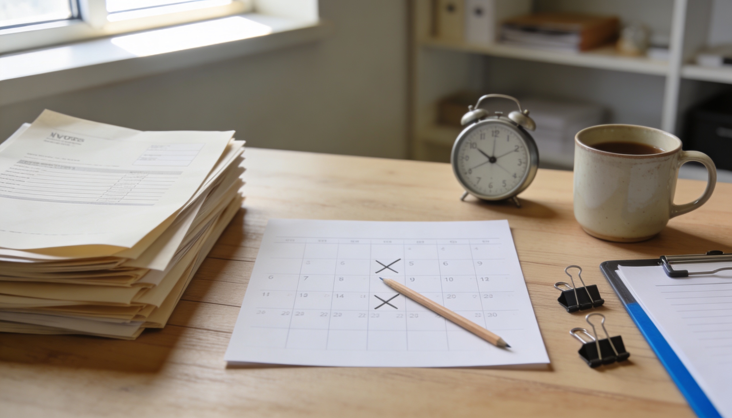 organized small business desk with paper invoices calendar alarm clock and coffee mug shot from above