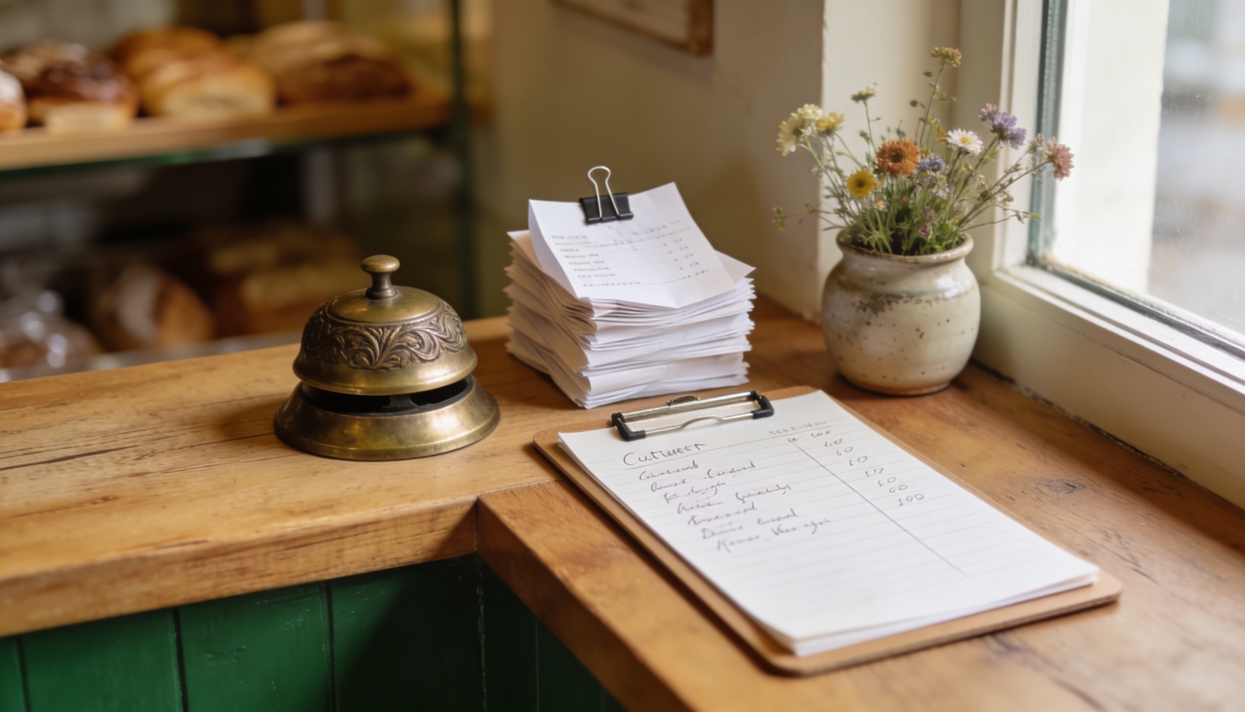 Artisan bakery counter with brass service bell, paper receipts, clipboard with handwritten notes, and wildflowers