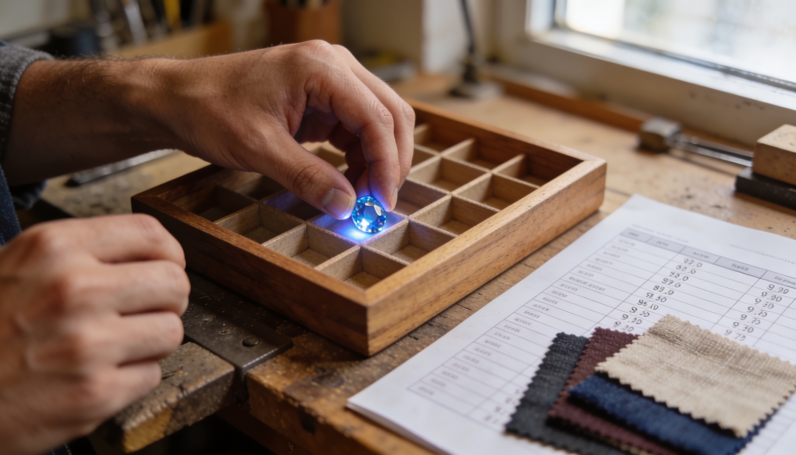 Hands placing a glowing blue gemstone into a wooden tray on a workshop bench