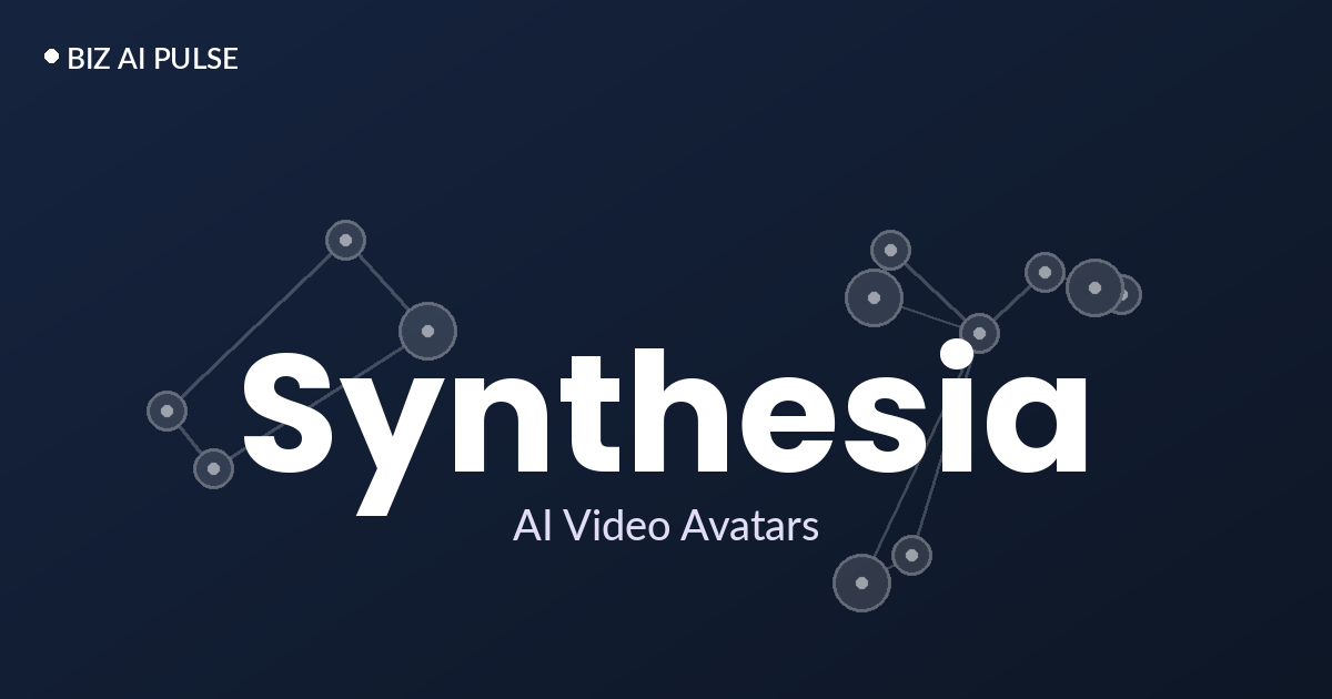 כרטיס נושא ממותג של Biz AI Pulse עם השם Synthesia והכיתוב AI Video Avatars