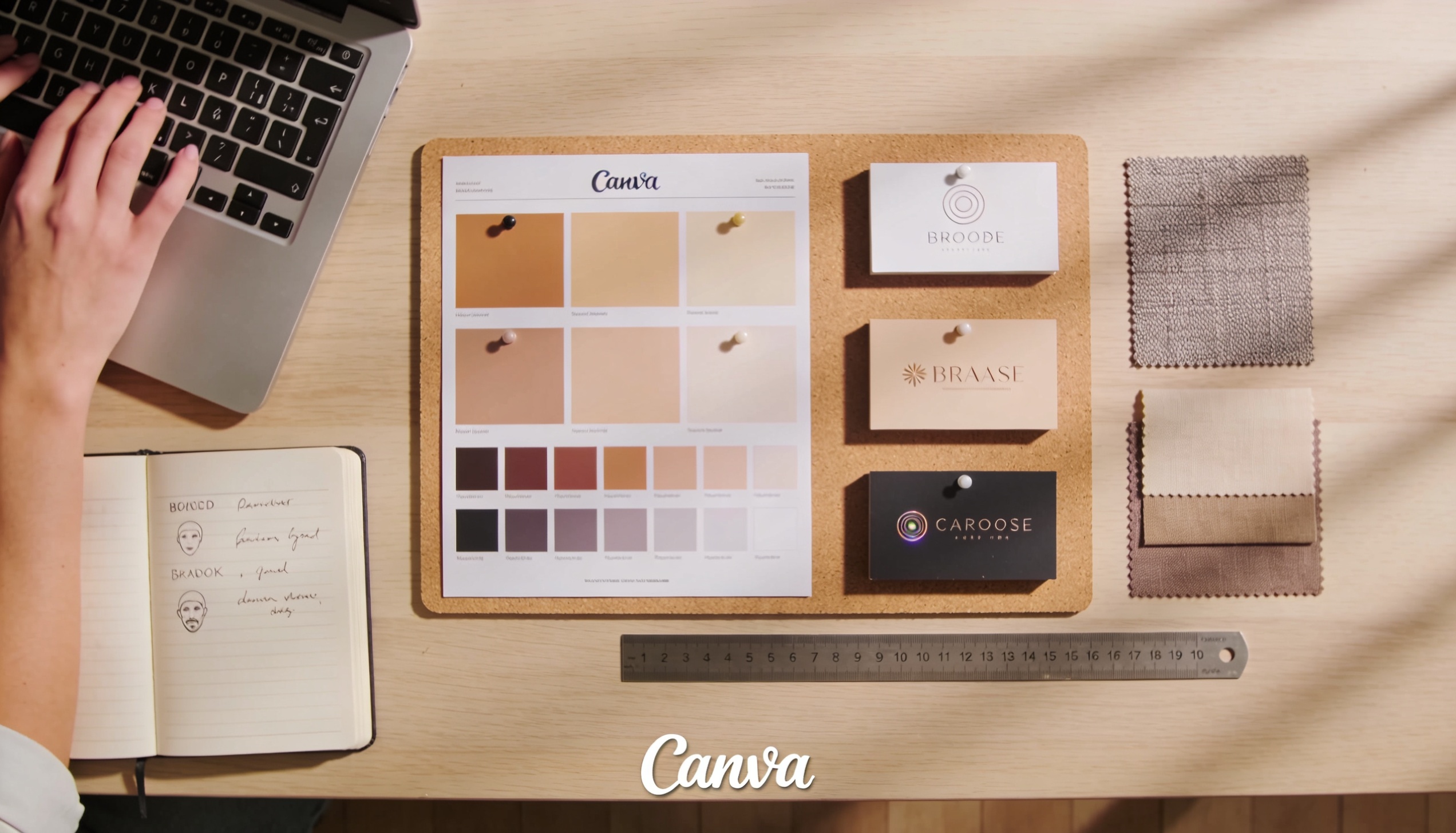 Flat-lay overhead view of a brand mood board with color swatches, business cards, and notebook