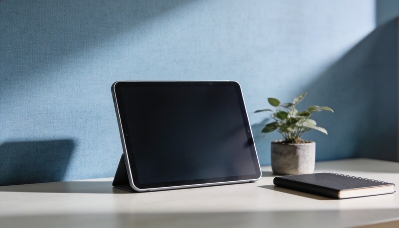 Tablet with a switched-off blank screen on a tidy desk, illustrating an AI model taken offline