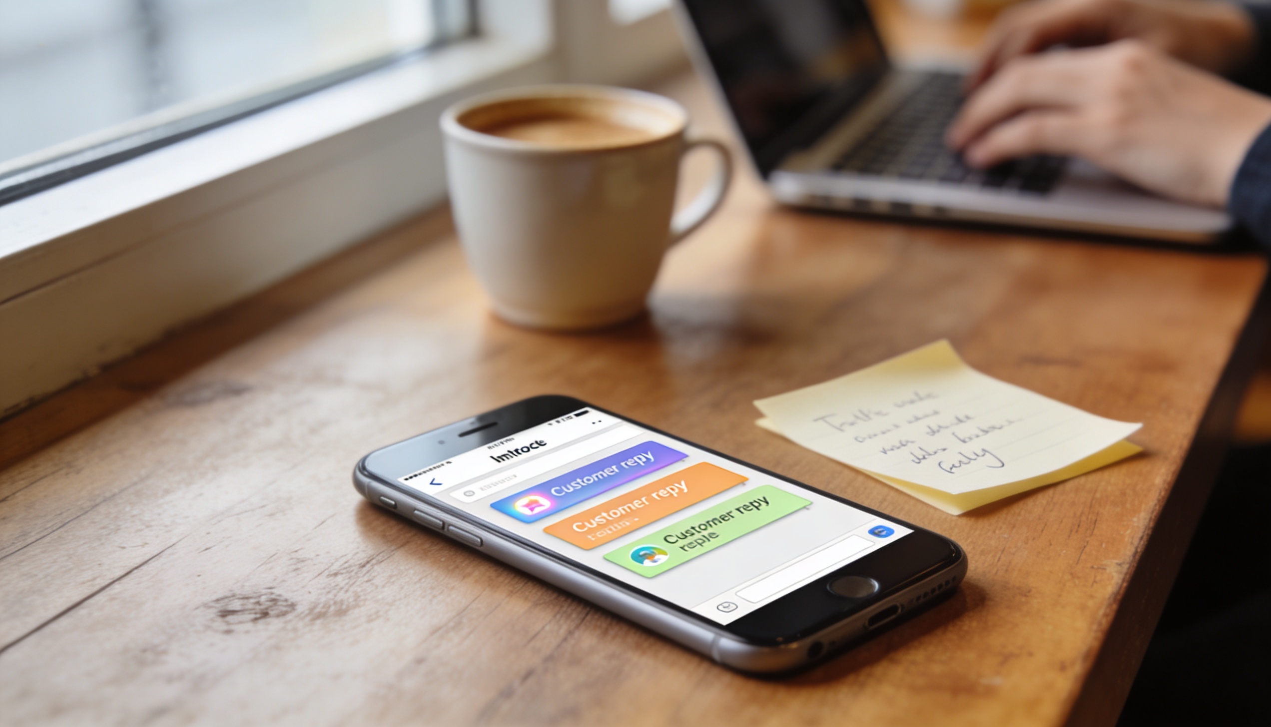 Smartphone showing email inbox on a wooden cafe-counter desk with coffee and sticky notes