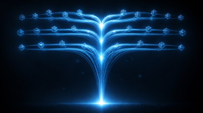 Multiple streams of blue light flowing from a central source into parallel paths, illustrating parallel sub-agents in Claude Opus 4.8 Dynamic Workflow