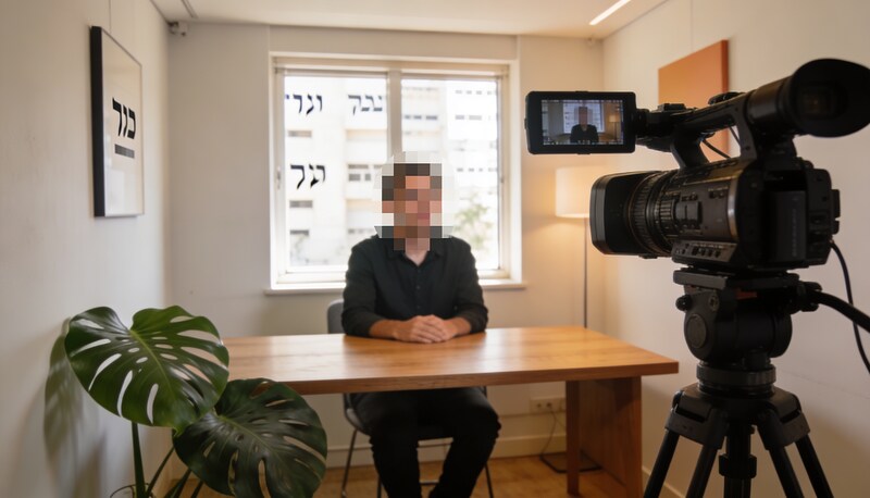 מצלמת וידאו מקצועית מצלמת אדם עם פנים מטושטשות במשרד קטן עם תאורת סטודיו