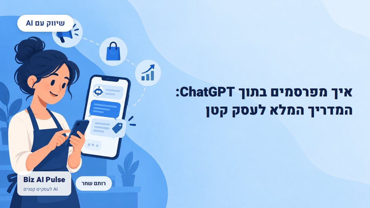 איור AI של אישה בעלת עסק קטן משתמשת בטלפון עם ממשק צ'אט, מוקף אייקוני מגפון, שקית קניות וגרף צמיחה, עם תגית שיווק עם AI, כותרת הכתבה איך מפרסמים בתוך ChatGPT: המדריך המלא לעסק קטן, ולוגו Biz AI Pulse